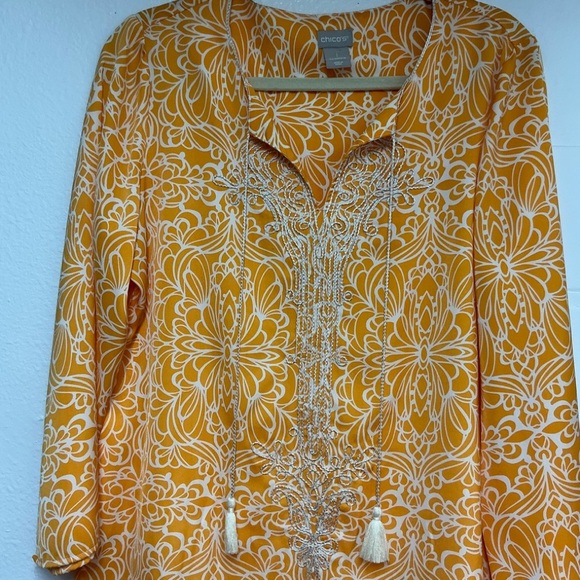 Chico's Orange Graphic Tunic with 3/4 Sleeves - Picture 2 of 9